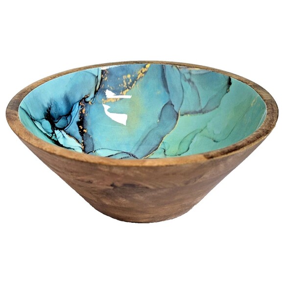 Wood and Marble Design Bowl Blue Green Gold Hard Plastic 8 x 3-inch Gift NEW - Picture 1 of 5